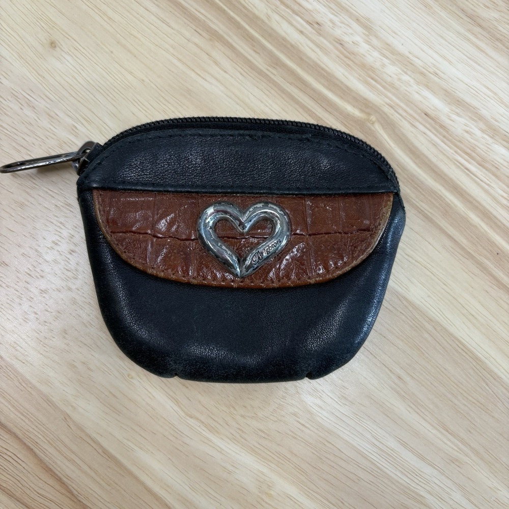 Brighton Black Brown Leather Coin Wallet Zip Pouch Heart Logo Card Slot Purse
